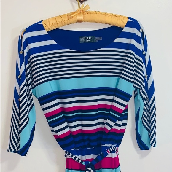 Guess | Blue Striped Open Button 3/4 Sleeves | Sash Waist MIDI Dress | Size 6 - Picture 8 of 9